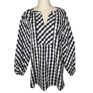 Chico's Checkered Top Black White 3 Plus Size 16/18 V-Neck Balloon Sleeve